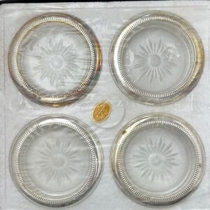 NOS Leonard Coaster Set Crystal Silver Plate Vintage Starburst Italy 4pc